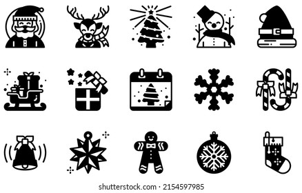 Set of Vector Icons Related to Christmas. Contains such Icons as Santa Claus, Reindeer, Snowman, Santa Hat, Sledge, Snowflake and more.