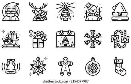 Set of Vector Icons Related to Christmas. Contains such Icons as Santa Claus, Reindeer, Snowman, Santa Hat, Sledge, Snowflake and more.