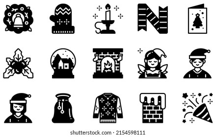 Set of Vector Icons Related to Christmas. Contains such Icons as Mistletoe, Snow Globe, Fireplace, Chimney, Celebration, Mitten and more.