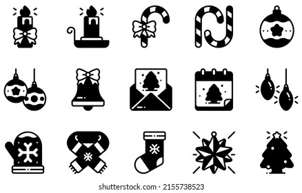 Set of Vector Icons Related to Christmas Decoration. Contains such Icons as Candle, Candle Stand, Candy Cane, Christmas Bell, Christmas Card, Christmas Scarf and more.
