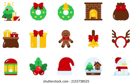 Set of Vector Icons Related to Christmas Decoration. Contains such Icons as Christmas Tree, Christmas Wreath, Fireplace, Gift Bag, Gingerbread, Handbell and more.