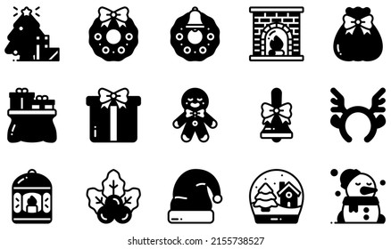 Set of Vector Icons Related to Christmas Decoration. Contains such Icons as Christmas Tree, Christmas Wreath, Fireplace, Gift Bag, Gingerbread, Handbell and more.