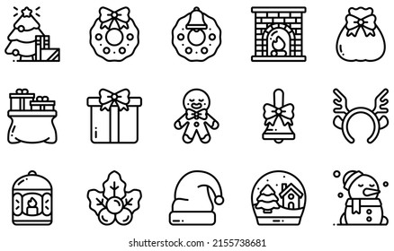 Set of Vector Icons Related to Christmas Decoration. Contains such Icons as Christmas Tree, Christmas Wreath, Fireplace, Gift Bag, Gingerbread, Handbell and more.