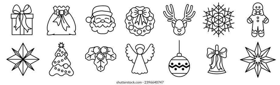 Set of vector icons related to Christmas decorations. Contains icons such as Christmas tree, Christmas wreath, gift bag, gingerbread, snowflake, bell and more. Vector