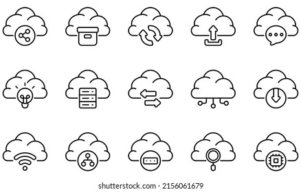 Set of Vector Icons Related to Cloud Technology. Contains such Icons as Settings, Cloud Upload, Communication, Data Center, Infrastructure, Management and more.
