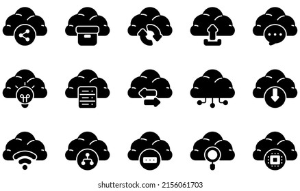 Set of Vector Icons Related to Cloud Technology. Contains such Icons as Settings, Cloud Upload, Communication, Data Center, Infrastructure, Management and more.