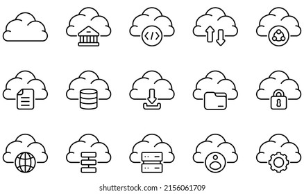 Satz von Vektorsymbols, die mit der Cloud-Technologie verknüpft sind. Enthält Symbole wie Cloud, Banking, Coding, Cloud Computing, Daten, Datenbank und mehr.