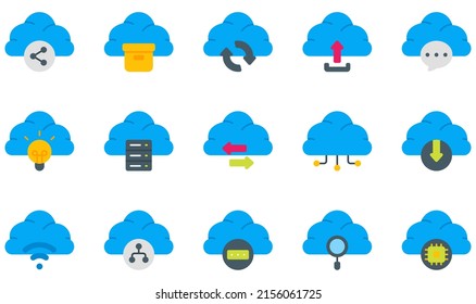 Set of Vector Icons Related to Cloud Technology. Contains such Icons as Settings, Cloud Upload, Communication, Data Center, Infrastructure, Management and more.