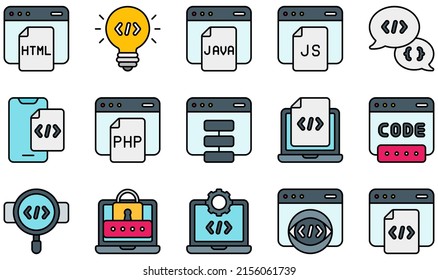Set of Vector Icons Related to Coding. Contains such Icons as Html, Idea, Java, Javascript, Php, Programming and more.