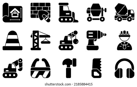 Conjunto de iconos vectores relacionados con la construcción. Contiene íconos como Blueprint, Brickwall, Bulldozer, Crane, Engineer, Excavator y más.