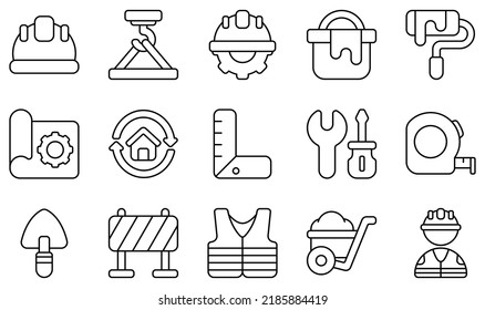 Set of Vector Icons Related to Construction. Contains such Icons as Helmet, Maintenance, Paint Bucket, Vest, Wheelbarrow, Worker and more.