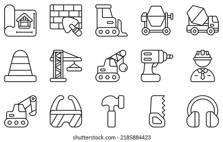 Set of Vector Icons Related to Construction. Contains such Icons as Blueprint, Brickwall, Bulldozer, Crane, Engineer, Excavator and more.