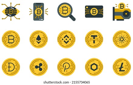 Conjunto de iconos vectores relacionados con la criptodivisa. Contiene iconos como Smartphone, Search, tarjeta de crédito, tarjeta gráfica, bitcoin, etéreo y más.