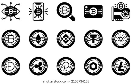 Conjunto de iconos vectores relacionados con la criptodivisa. Contiene iconos como Smartphone, Search, tarjeta de crédito, tarjeta gráfica, bitcoin, etéreo y más.