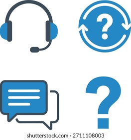 Eine Reihe von Vektorsymbolen, die sich auf Kundensupport und Kommunikation beziehen, mit einem Headset mit Fragezeichen und Chatblasen, die FAQ, Helpdesk und Online-Hilfe symbolisieren.