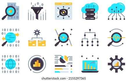 Set of Vector Icons Related to Data Analysis. Contains such Icons as Data Visualization, Big Data, Cloud Data, Traffic Analyse, Statistics and more.