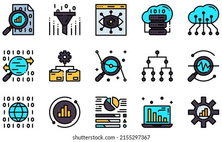 Satz von Vektorsymbonen, die mit der Datenanalyse verknüpft sind. Enthält Symbole wie Datenvisualisierung, Big Data, Cloud Data, Verkehrsanalyse, Statistik und mehr.