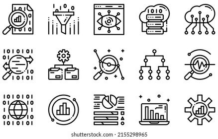 Set of Vector Icons Related to Data Analysis. Contains such Icons as Data Visualization, Big Data, Cloud Data, Traffic Analyse, Statistics and more.