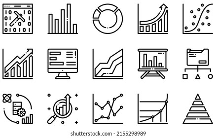 Set of Vector Icons Related to Data Analysis. Contains such Icons as Mining , Bar Chart, Pie Chart, Growth Chart, Scatter Plot, Data Report and more.