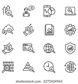 Set of vector icons related to data analysis. Vector illustrations such as data security, data management, data growth and more with editable black outline.