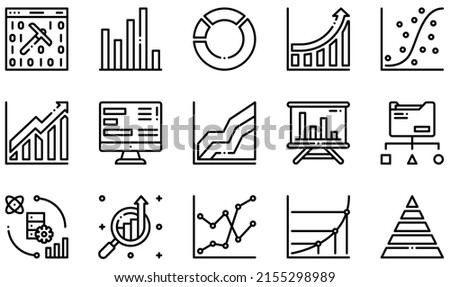 Set of Vector Icons Related to Data Analysis. Contains such Icons as Mining , Bar Chart, Pie Chart, Growth Chart, Scatter Plot, Data Report and more.