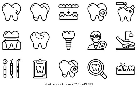 Set of Vector Icons Related to Dental. Contains such Icons as Broken Tooth, Decay, Dental Care, Dental Crown, Dental Filling, Dentist and more.