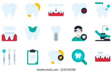 Set Of Vector Icons Related To Dental. Contains Such Icons As Broken Tooth, Decay, Dental Care, Dental Crown, Dental Filling, Dentist And More.