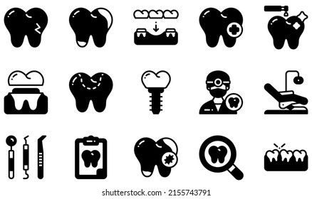 Set Of Vector Icons Related To Dental. Contains Such Icons As Broken Tooth, Decay, Dental Care, Dental Crown, Dental Filling, Dentist And More.