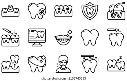 Satz von Vektorsymbols, die mit dem Zahnarzt in Zusammenhang stehen. Enthält Symbole wie Missing, No Sweet, Orthodontics, Scaling, Scan, Tooth und mehr.