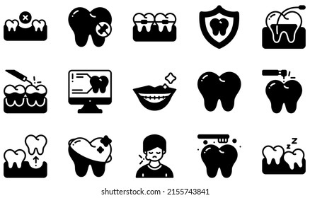 Set of Vector Icons Related to Dental. Contains such Icons as Missing, No Sweet, Orthodontics, Scaling, Scan, Tooth and more.