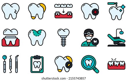 Set Of Vector Icons Related To Dental. Contains Such Icons As Broken Tooth, Decay, Dental Care, Dental Crown, Dental Filling, Dentist And More.