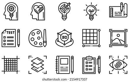 Set of Vector Icons Related to Design Thinking. Contains such Icons as Creative Thinking, Empathise, Prototype, 3D Design, Pixels, Sketchbook and more.