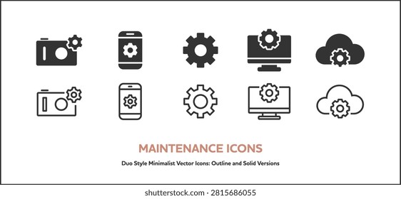 A set of vector icons related to device and network maintenance or repair. The collection features digital cameras, smartphones, desktop computer monitors, and cloud servers, all combined with gears or screws to signify technical support and system updates. Each concept comes in both line art and solid silhouette styles. These simple, monochrome graphics are perfect for electronic repair services, server maintenance notices, and IT support websites.