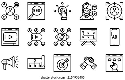 Set of Vector Icons Related to Digital Marketing. Contains such Icons as Social Marketing, Seo, Influencer, Video Marketing, Megaphone, Online Marketing and more.