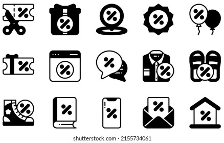 Set of Vector Icons Related to Discount. Contains such Icons as Scissors, Gift, Summer Sale, Chat Bubble, Online Discount, Discount Voucher and more.