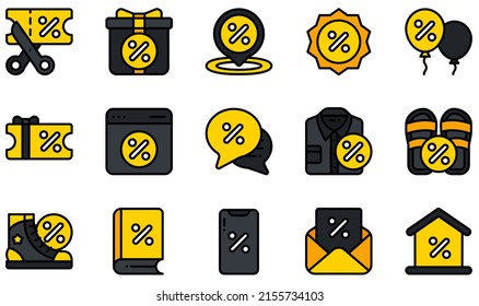 Set of Vector Icons Related to Discount. Contains such Icons as Scissors, Gift, Summer Sale, Chat Bubble, Online Discount, Discount Voucher and more.