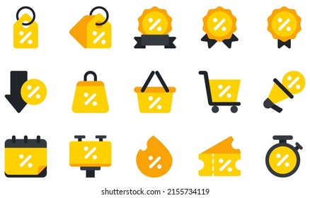 Set of Vector Icons Related to Discount. Contains such Icons as Tag, Discount, Promotion, Basket, Shopping, Hot Sale and more.