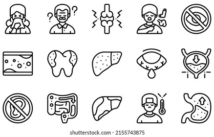 Set of Vector Icons Related to Diseases. Contains such Icons as Allergy, Alzheimer, Arthritis, Asthma, Blindness, Cholesterol and more.