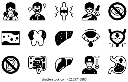 Set of Vector Icons Related to Diseases. Contains such Icons as Allergy, Alzheimer, Arthritis, Asthma, Blindness, Cholesterol and more.