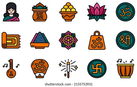 Set of Vector Icons Related to Diwali. Contains such Icons as Indian, Kumbh Kalash, Laddu, Lotus, Om, Rangoli  and more.