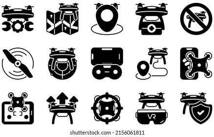 Set of Vector Icons Related to Drones. Contains such Icons as Maintenance, Map, Medical, Propeller, Radar, Virtual Reality and more.