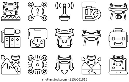 Set of Vector Icons Related to Drones. Contains such Icons as Agriculture , Antenna, Battery, Camera Drone, Drone, High Tech and more.