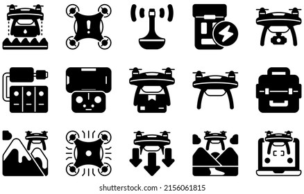 Set of Vector Icons Related to Drones. Contains such Icons as Agriculture , Antenna, Battery, Camera Drone, Drone, High Tech and more.