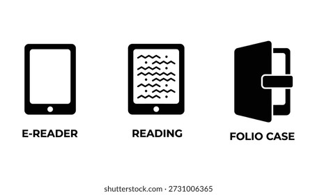 Satz von Vektorsymbolen, die sich auf E-Reader und Folio-Gehäuse beziehen. Sammlung von einfachen schwarzen Silhouette Design Illustration.