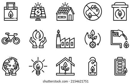 Set of Vector Icons Related to Ecology. Contains such Icons as Eco Bag, Solar Panel, Zero Emission, Recycle Bin, Ecosystem, Protect Earth and more.