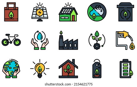 Set of Vector Icons Related to Ecology. Contains such Icons as Eco Bag, Solar Panel, Zero Emission, Recycle Bin, Ecosystem, Protect Earth and more.