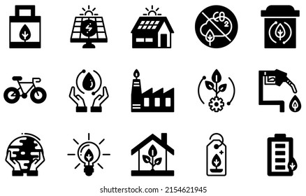 Set of Vector Icons Related to Ecology. Contains such Icons as Eco Bag, Solar Panel, Zero Emission, Recycle Bin, Ecosystem, Protect Earth and more.