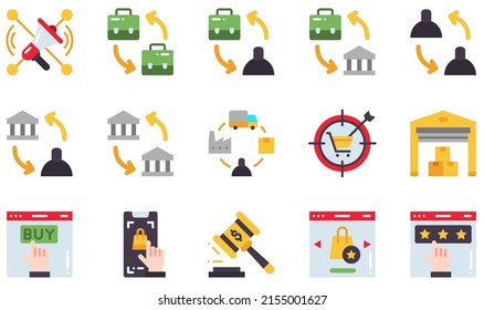 Conjunto de iconos vectores relacionados con el comercio electrónico. Contiene iconos como el marketing social, B2b, B2c, cadena de suministro, almacén, calidad y más.
