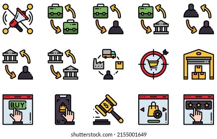Set of Vector Icons Related to Ecommerce. Contains such Icons as Social Marketing, B2b, B2c, Supply Chain, Warehouse, Quality and more.