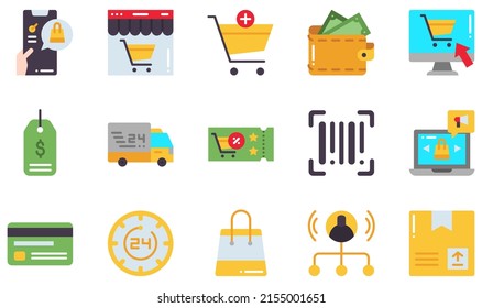 Set of Vector Icons Related to Ecommerce. Contains such Icons as Online Shopping, Delivery Car, Online Marketing, Wallet, Affiliate Marketing, Shop and more.